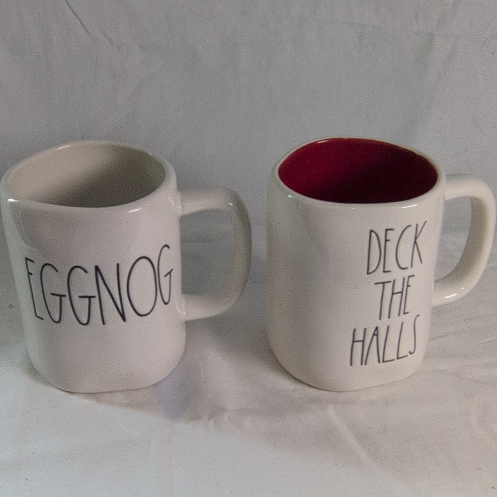 Rae Dunn Eggnog & Deck the Halls‎ Christmas Coffee Mug Set White Red Interior
